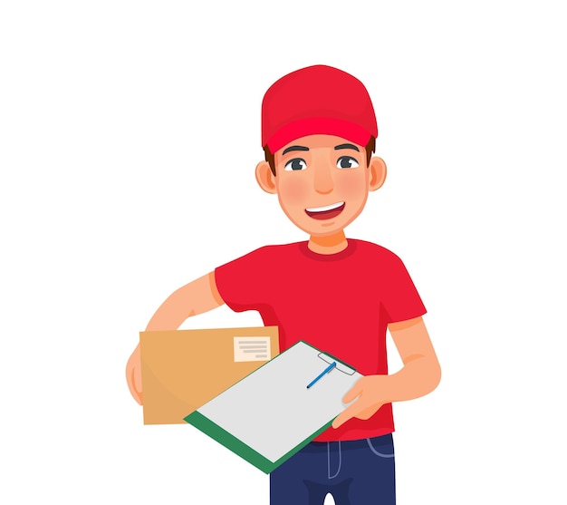 Vector delivery man service with red cap uniform holding box package giving clipboard document to sign