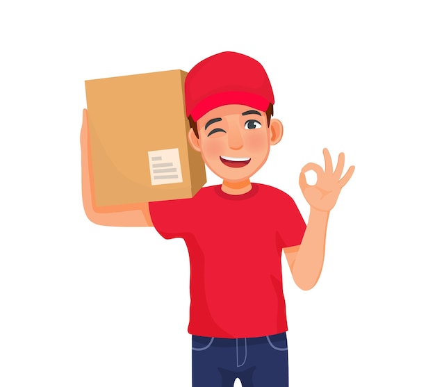 Служба доставки в красной кепке держит коробку с пакетом на плече, показывая знак ок