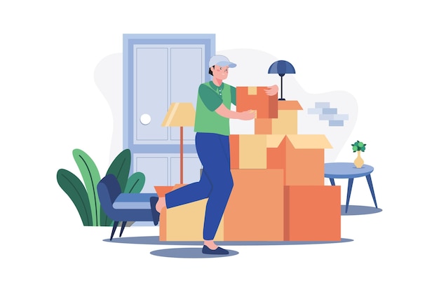 Vector delivery man shifting boxes illustratieconcept een platte illustratie geïsoleerd op een witte achtergrond