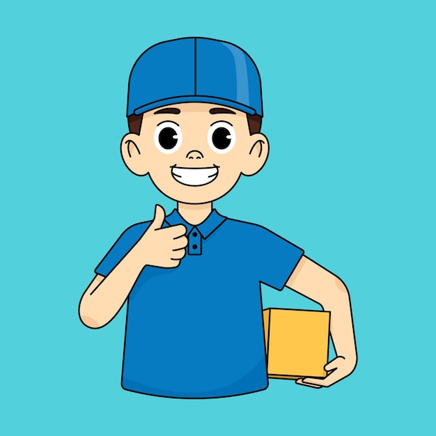 Delivery man smiling in blue work uniform holding box other hand raised with thumb up