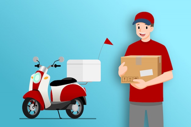 Delivery man stand and holding a goods parcel in front of a delivery bike.