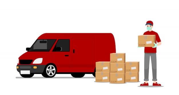 Delivery man stand and holding a goods parcel in front of a delivery van.