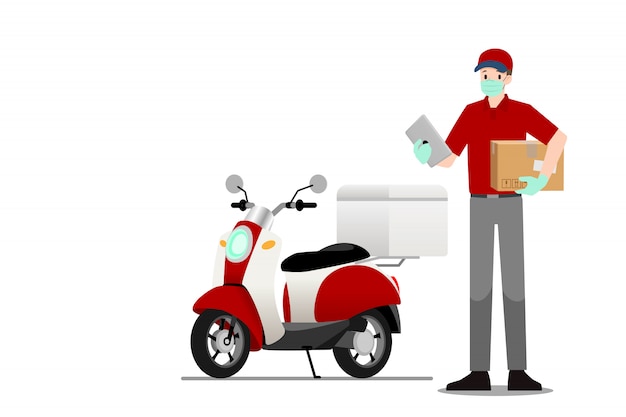 Delivery man stand and holding a smart tablet & parcel in front of a motorbike.