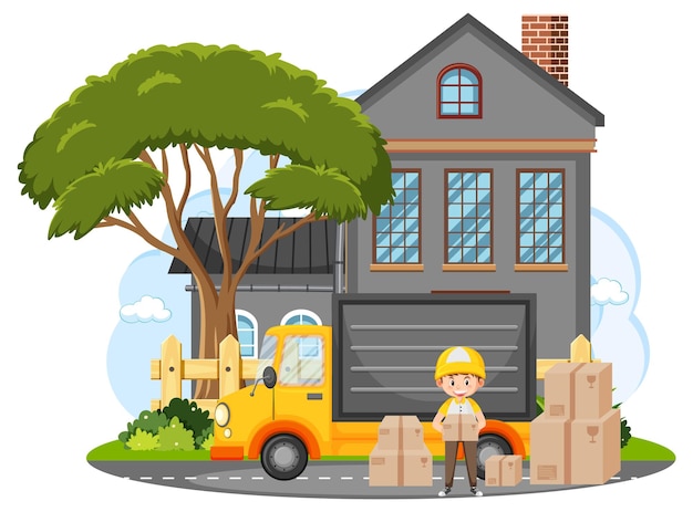 Vector delivery man standing in front of a house