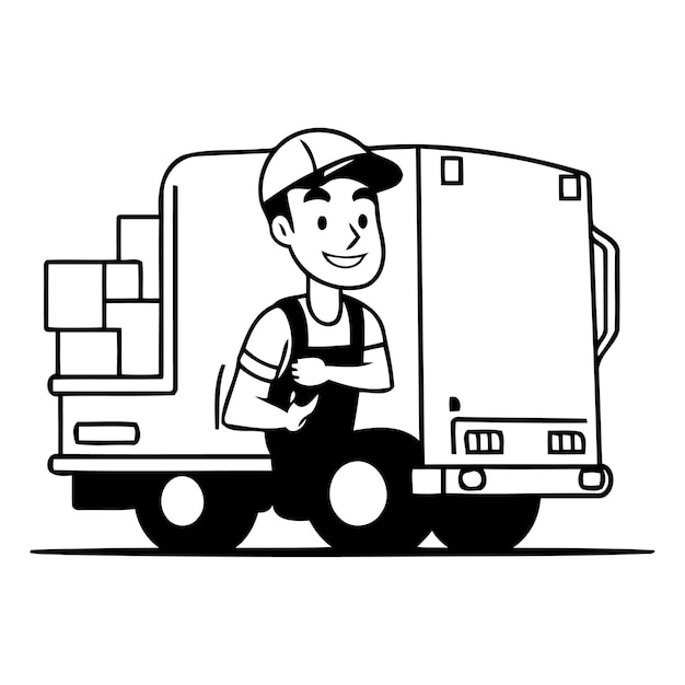 Доставщик в униформе и шлеме с грузовиком