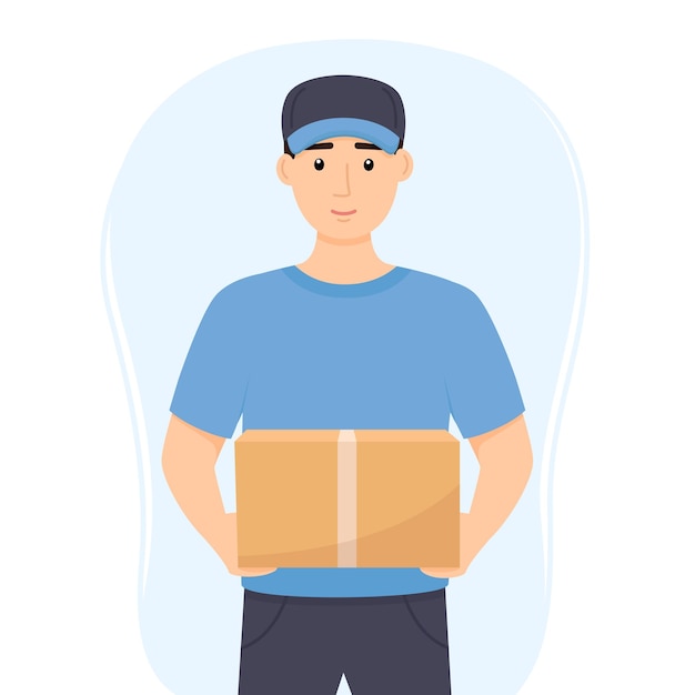 Delivery man in uniform holding box Delivery service Vector illustration
