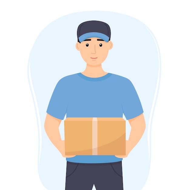 Delivery man in uniform holding box delivery service vector illustration