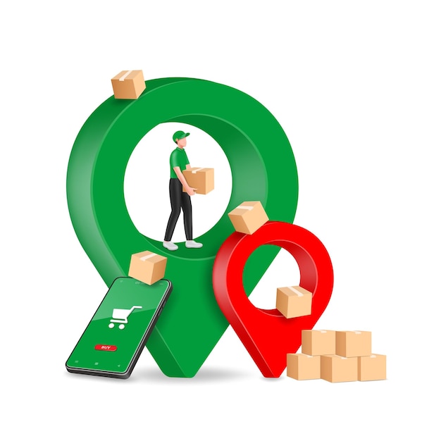 Vector delivery man in uniform is standing and lifting parcel box on pin location