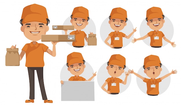 Delivery man vector set. Deliveryman uniform holding box or product. Posture of full standing and holding or pointing.
