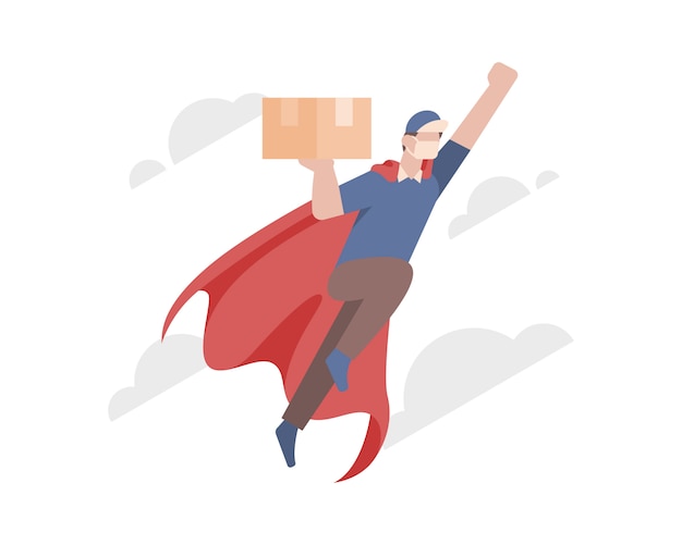 A delivery man wear a red capes and face mask and flying to delivery a box or package to customer illustration