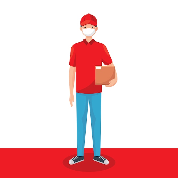 Vector delivery man wearing medical mask and holding a package