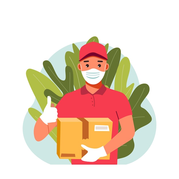 Delivery man with box courier in a face mask