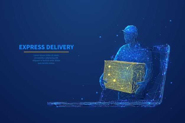 Delivery man with a box in his hands on laptop screen Express delivery online shopping