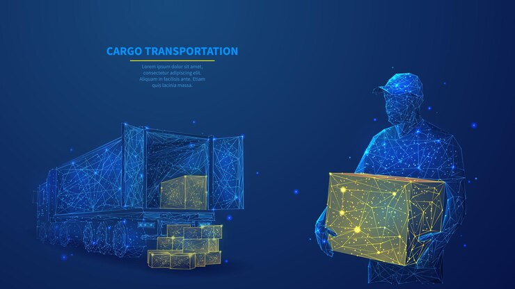 Vector delivery man with box standing in front of cargo truck in dark blue polygonal shipping cargo