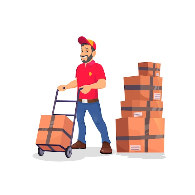 Vector delivery man with boxes and two weel cart
