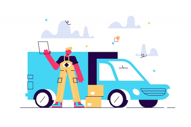 Vector delivery man with cardboard boxes in front of the van as local delivery service and shipping concept. door to door car delivery by courier illustration on white background.