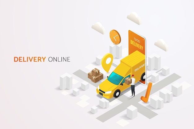 Delivery man with delivery truck and delivery box online delivery service on mobile phone