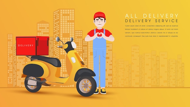 Delivery man with parcel box and a motorcycle, delivery man making heart shape