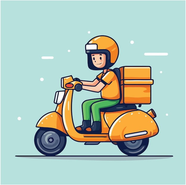 Vettore l'uomo delle consegne con lo scooter vector illustrazione disegnata a mano