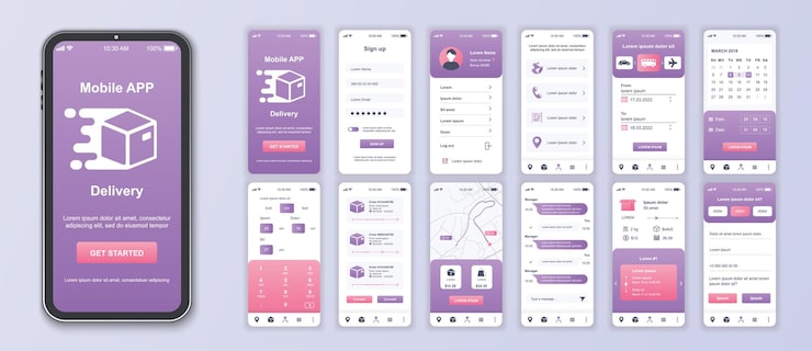 Vector delivery mobile app interface screens template set online account logistic service calendar parcel calculate tracking order pack of ui ux gui kit for application web layout vector design