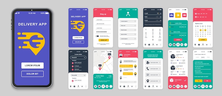 Vector delivery mobile app screens set for web templates pack of login ordering package choose transportation tracking parcel and other mockups ui ux gui user interface kit for layouts vector design