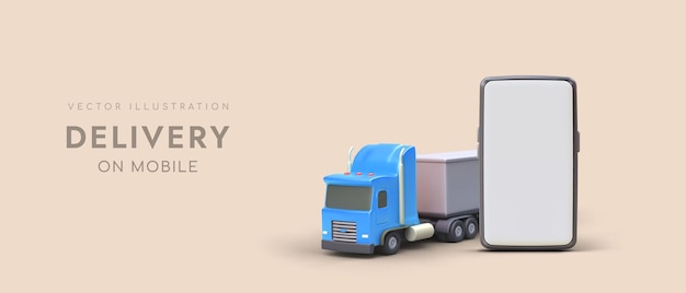 Delivery on mobile Freight transportation to order Online advertising of courier services Phone application for renting truck and loaders Modern advertising template with 3D illustration