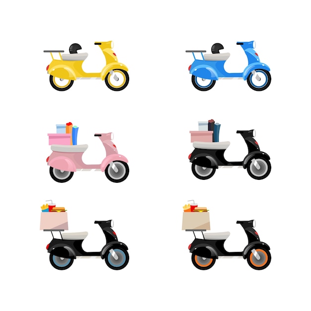 Delivery motorcycles flat color objects set. delivery scooters with goods. courier transport. shipping service. isolated cartoon