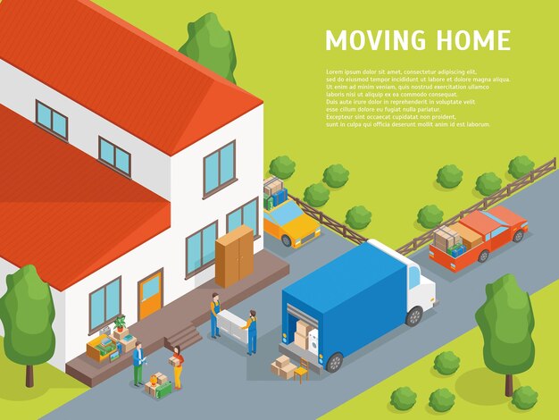 Delivery moving card poster concept 3d isometric view can be used for service of transportation and