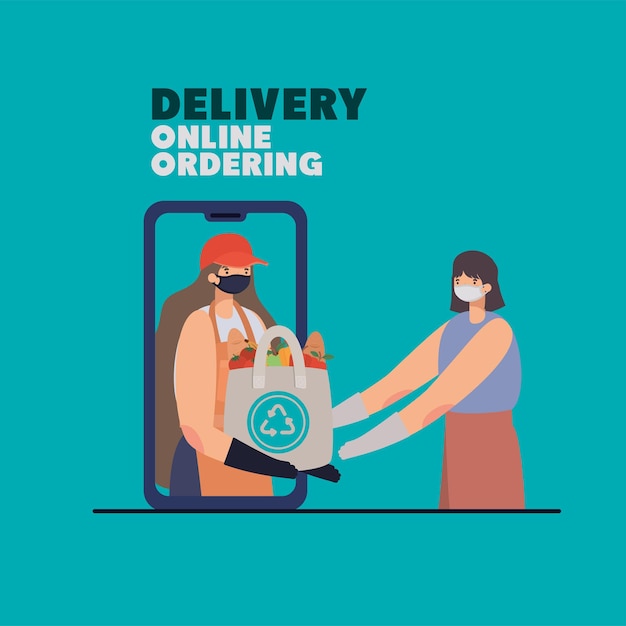delivery online ordening lettering and woman with safety mask and one ecobag full of market products
