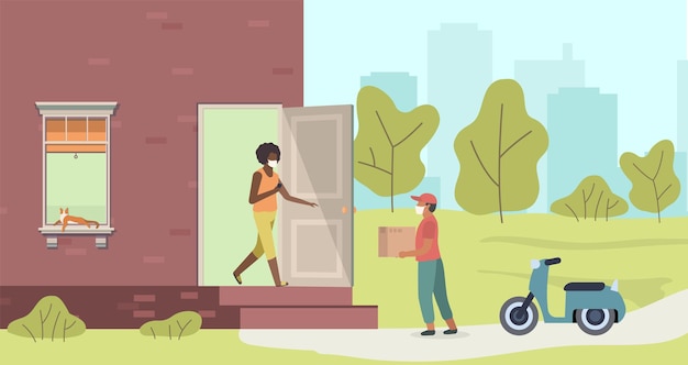 Delivery of package to door. Courier and woman in protective masks, handing over parcel at home from man with box on motorcycle, contactless shopping service concept cartoon flat vector illustration