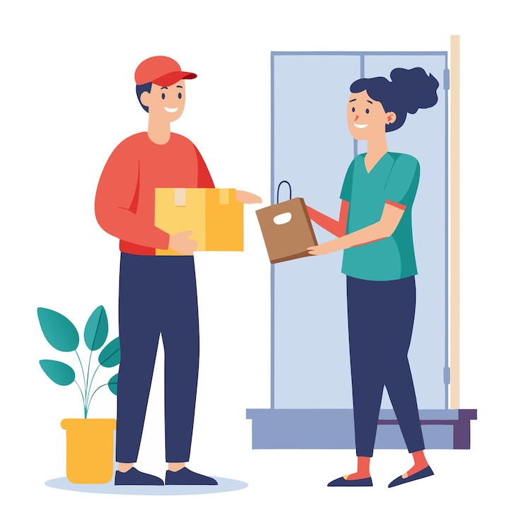 Vector delivery person handing over package to customer