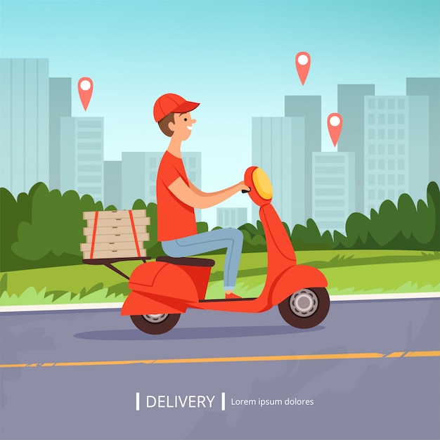 Delivery pizza background. fresh food fast delivery man red motorcycle perfect business service urban landscape.  picture