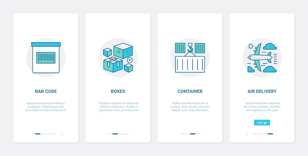 Delivery post service, cargo shipping ux, ui onboarding mobile app page screen set