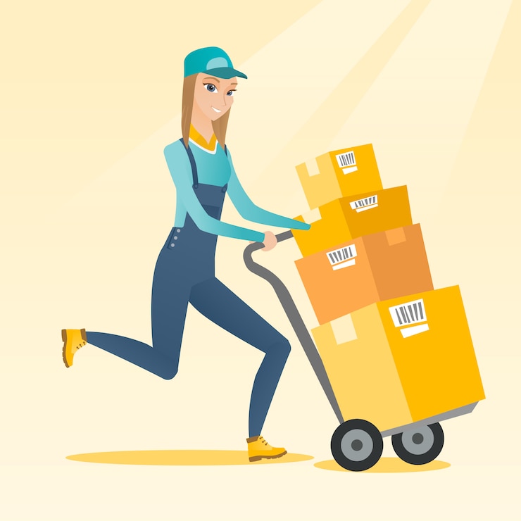 Vector delivery postman with cardboard boxes on trolley.