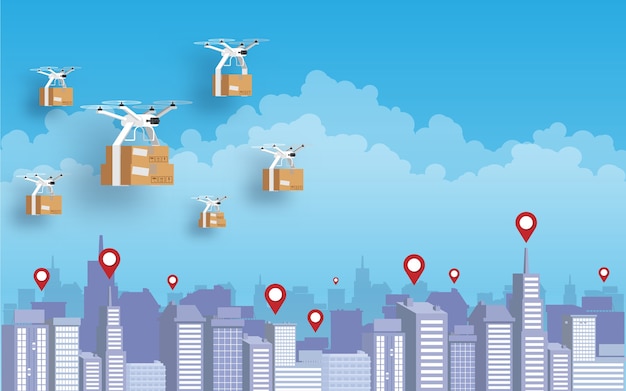 Delivery quadcopter carrying package against city
