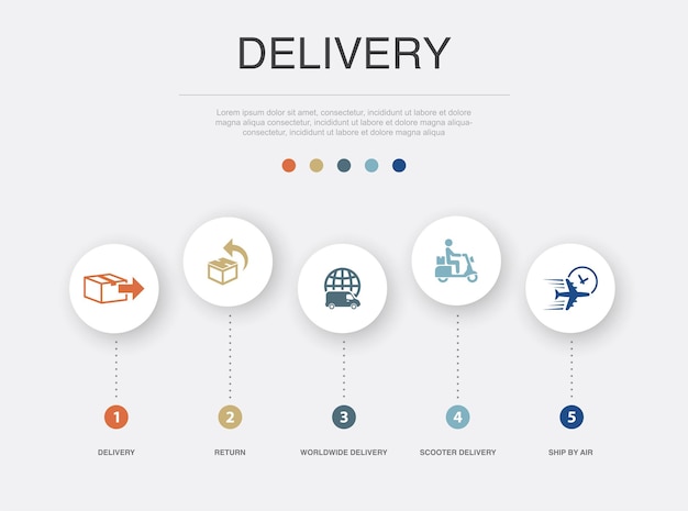 Delivery return worldwide delivery scooter delivery ship by air icons Infographic design template Creative concept with 5 steps