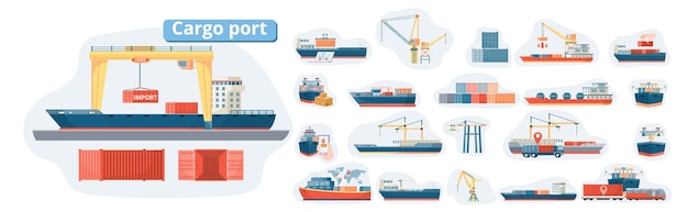 ベクトル ローダークレーンコンテナと貨物船のベクトル図とフラットな孤立した画像のセットで配信海の構成