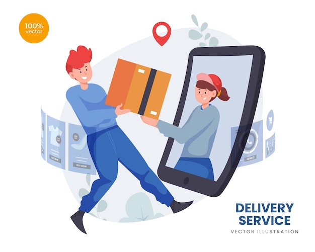 Delivery serive concept with courier send a package box to customer online and digital screen