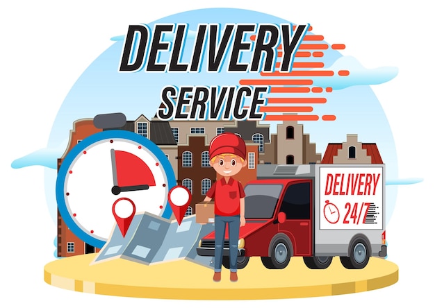 Premium Vector | Delivery service banner with courier and panel van