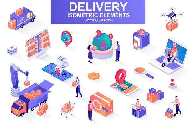 Vector delivery service bundle of isometric elements  illustration
