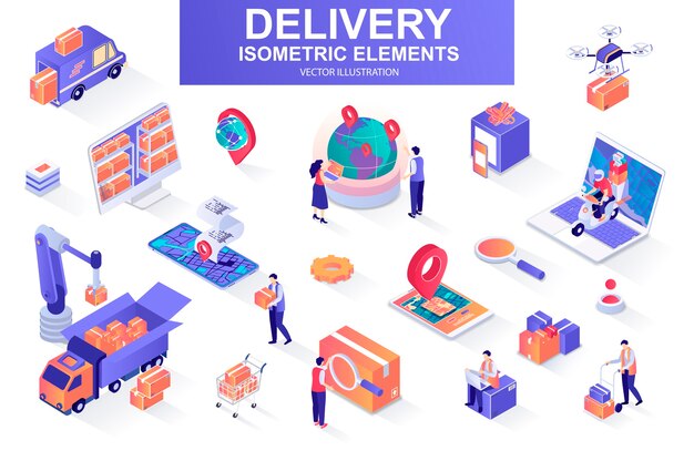 Delivery service bundle of isometric elements  illustration