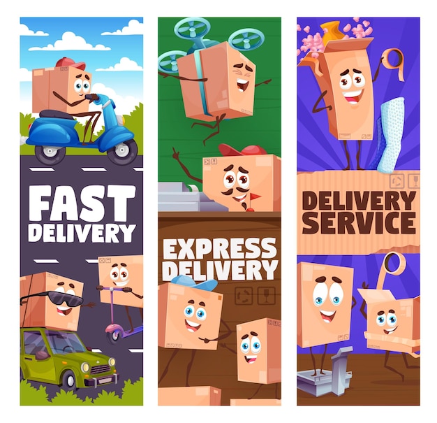 Delivery service cartoon package box characters