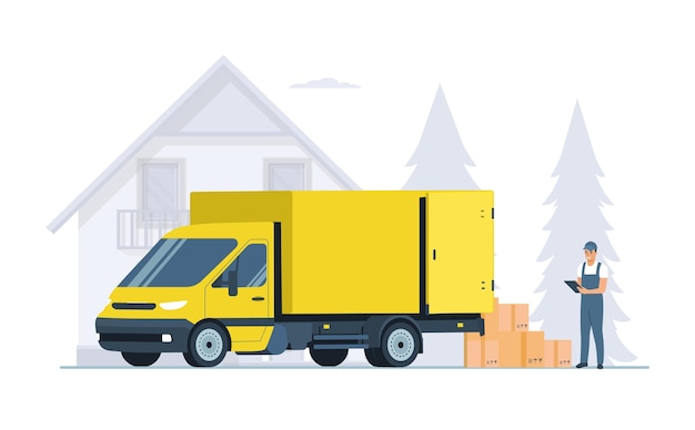 Концепция службы доставки. грузовой фургон и курьер. векторная иллюстрация.