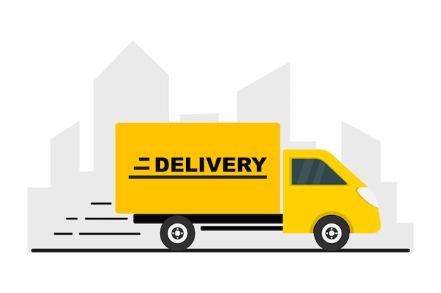 Vector delivery service concept delivery van on city background fast delivery in the city vector illustration of yellow truck delivery cargo auto fast service truck