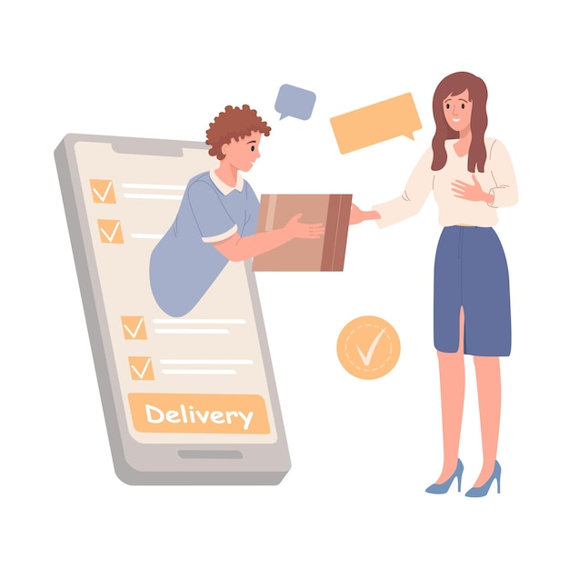 Vector delivery service concept. order food or goods online by smart phone. man gives box to customer. vector illustration