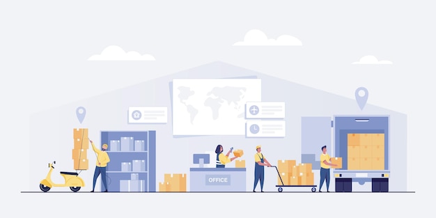 ベクトル デリバリーサービスのコンセプト。倉庫ロジスティックまたは配送オフィス。