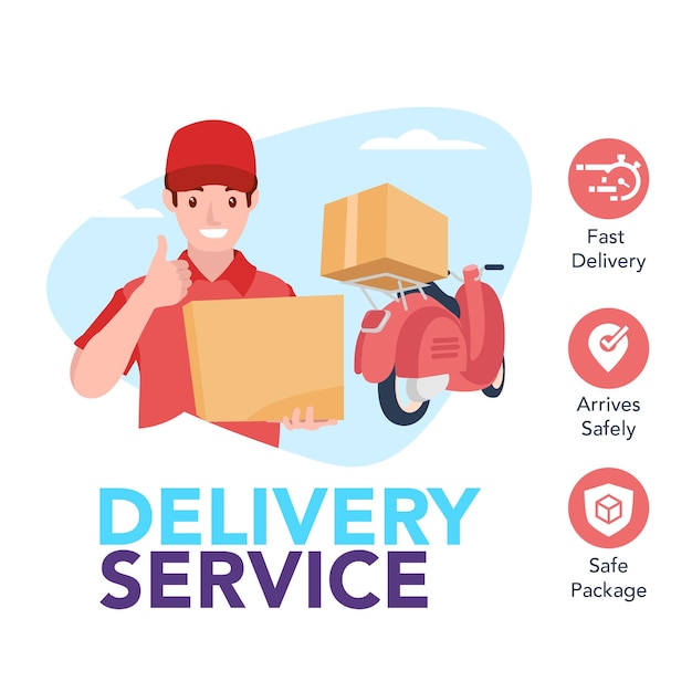 Vettore concetto di servizio di consegna con illustrazione di un corriere che trasporta un pacco