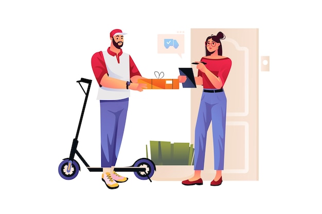 Delivery service concept with people scene in flat design vector illustration