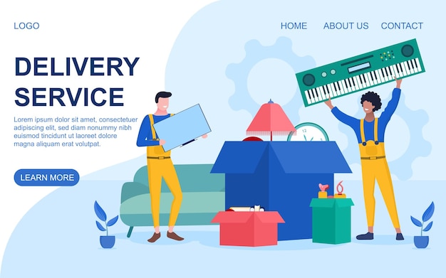 Delivery service concept with workmen delivering household goods and cartons in a web page template