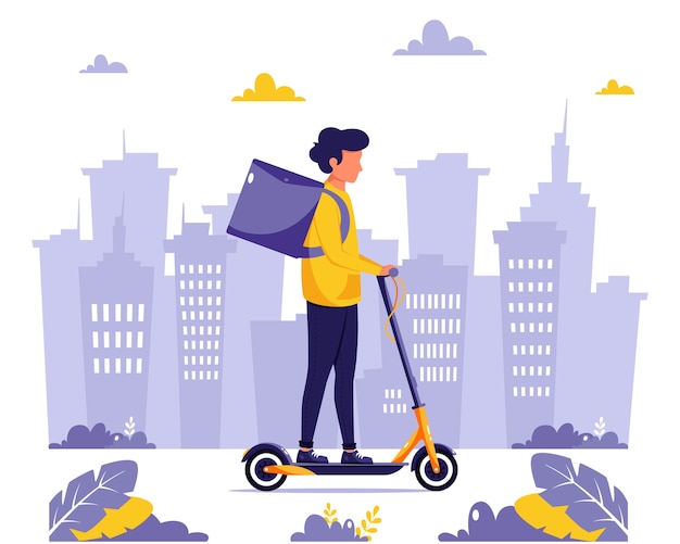 Vector delivery service. courier character riding by electrical scooter. eco transport concept.  in flat style.